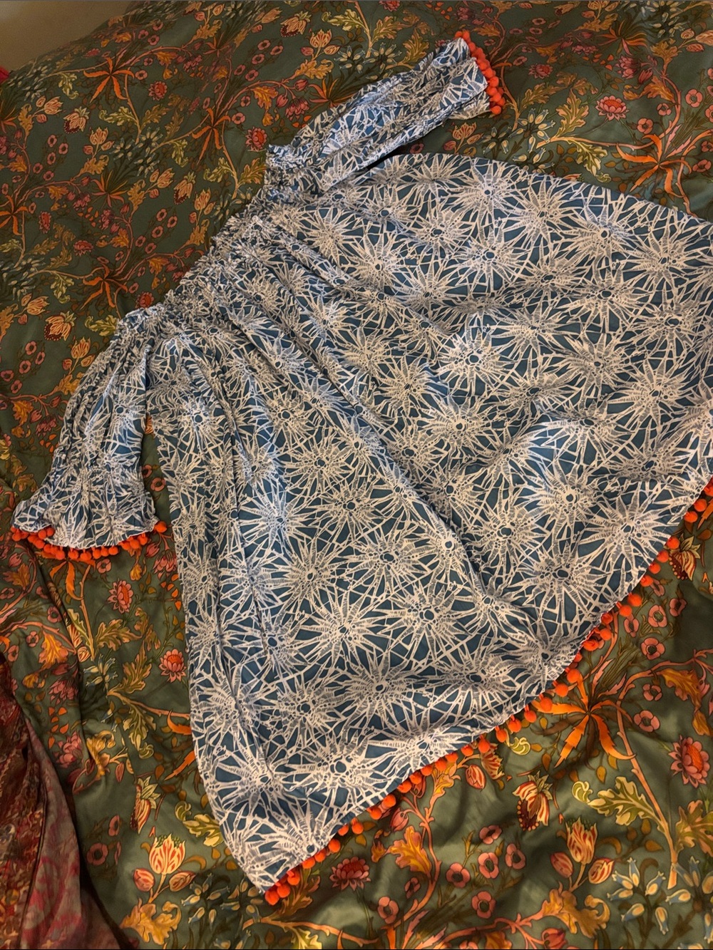 SHEIN Blue and White Floral Lace Swim Coverup with Orange Pom Trim